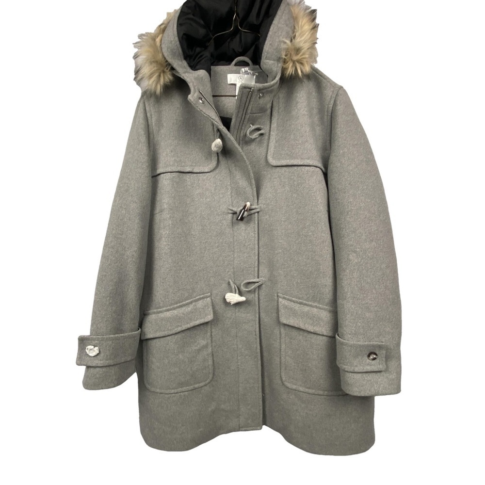 Gray Hooded Toggle Coat with Faux Fur Trim